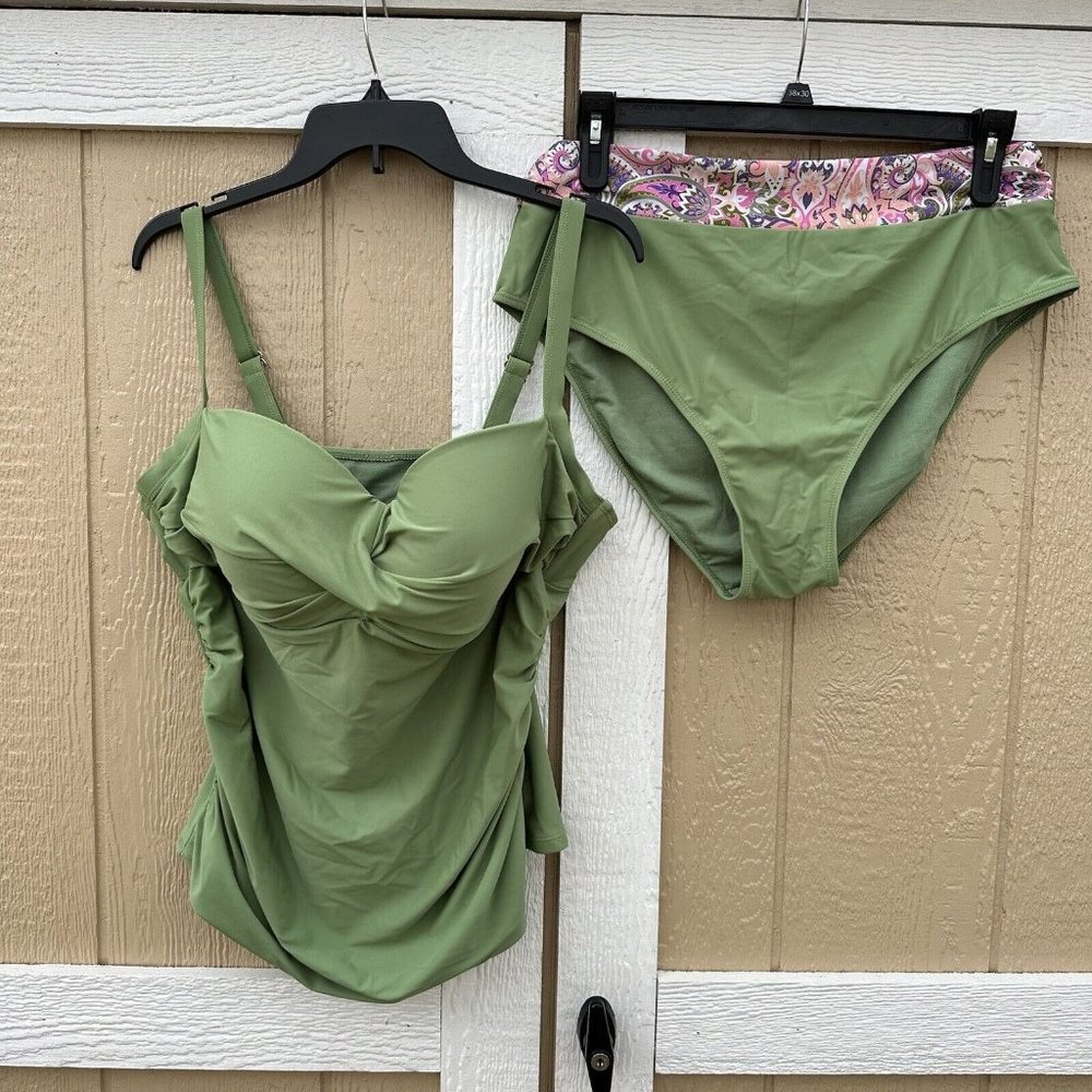 Nicole Miller Green Tankini Top Swimsuit Plus Size 2X Ruched Paisley
